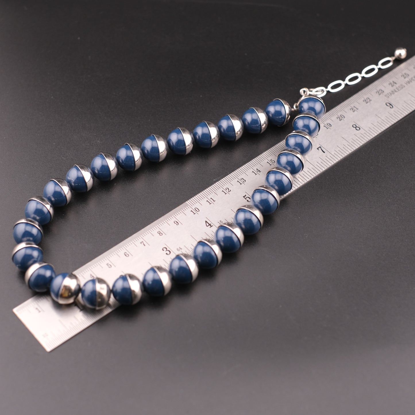 ❤️ Vintage Lui Chantant Blue Bead Necklace Silver Tone Half-Capped Beads 16”