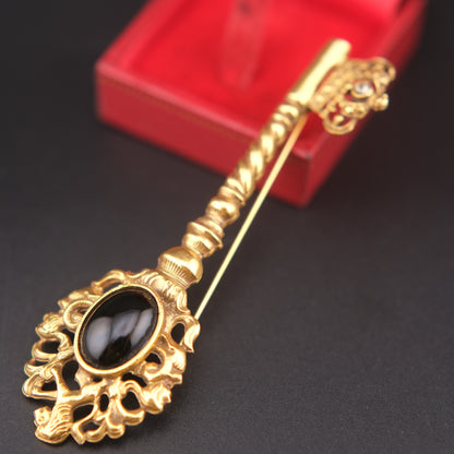 Vintage Gold-Tone Key Brooch with Black Cabochon and Crown Detail