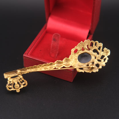 Vintage Gold-Tone Key Brooch with Black Cabochon and Crown Detail