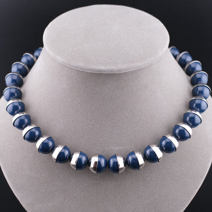 ❤️ Vintage Lui Chantant Blue Bead Necklace Silver Tone Half-Capped Beads 16”
