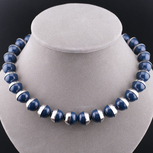 Vintage Lui Chantant Blue Bead Necklace Silver Tone Half-Capped Beads 16”