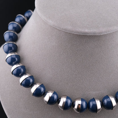 ❤️ Vintage Lui Chantant Blue Bead Necklace Silver Tone Half-Capped Beads 16”