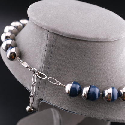 ❤️ Vintage Lui Chantant Blue Bead Necklace Silver Tone Half-Capped Beads 16”