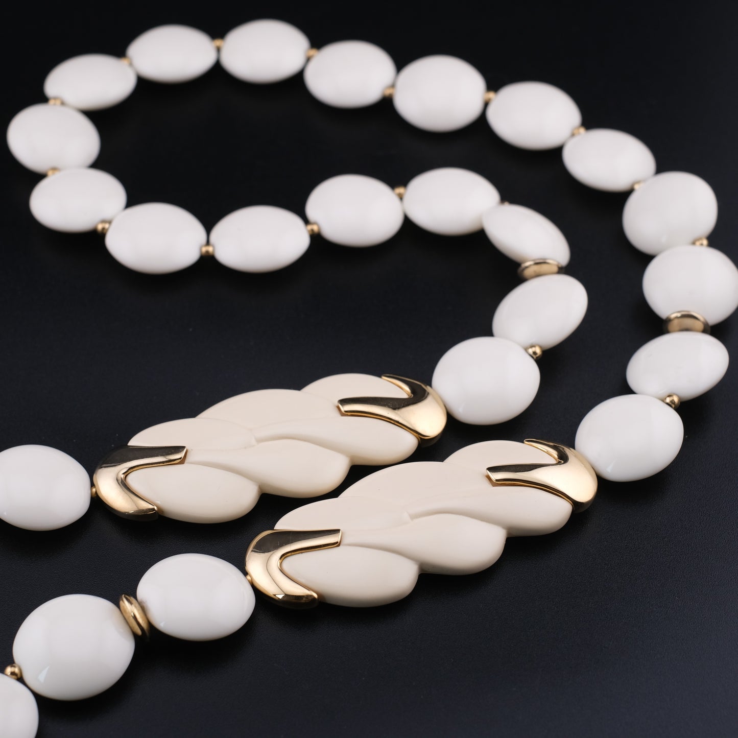 Vintage Trifari White Lucite Station Necklace with Sculptural Gold-Tone Accents