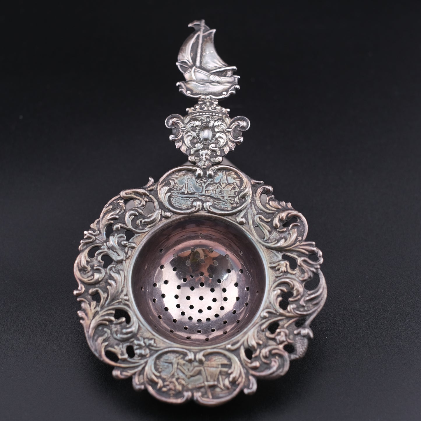 Vintage Dutch Rococo Silver-Plated Tea Strainer with Ship Motif Handle