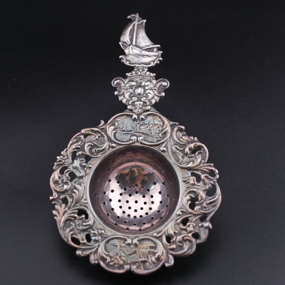 Vintage Dutch Rococo Silver-Plated Tea Strainer with Ship Motif Handle