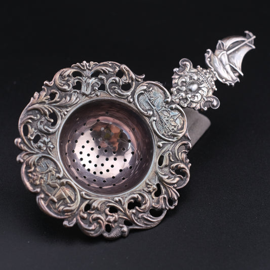 Vintage Dutch Rococo Silver-Plated Tea Strainer with Ship Motif Handle