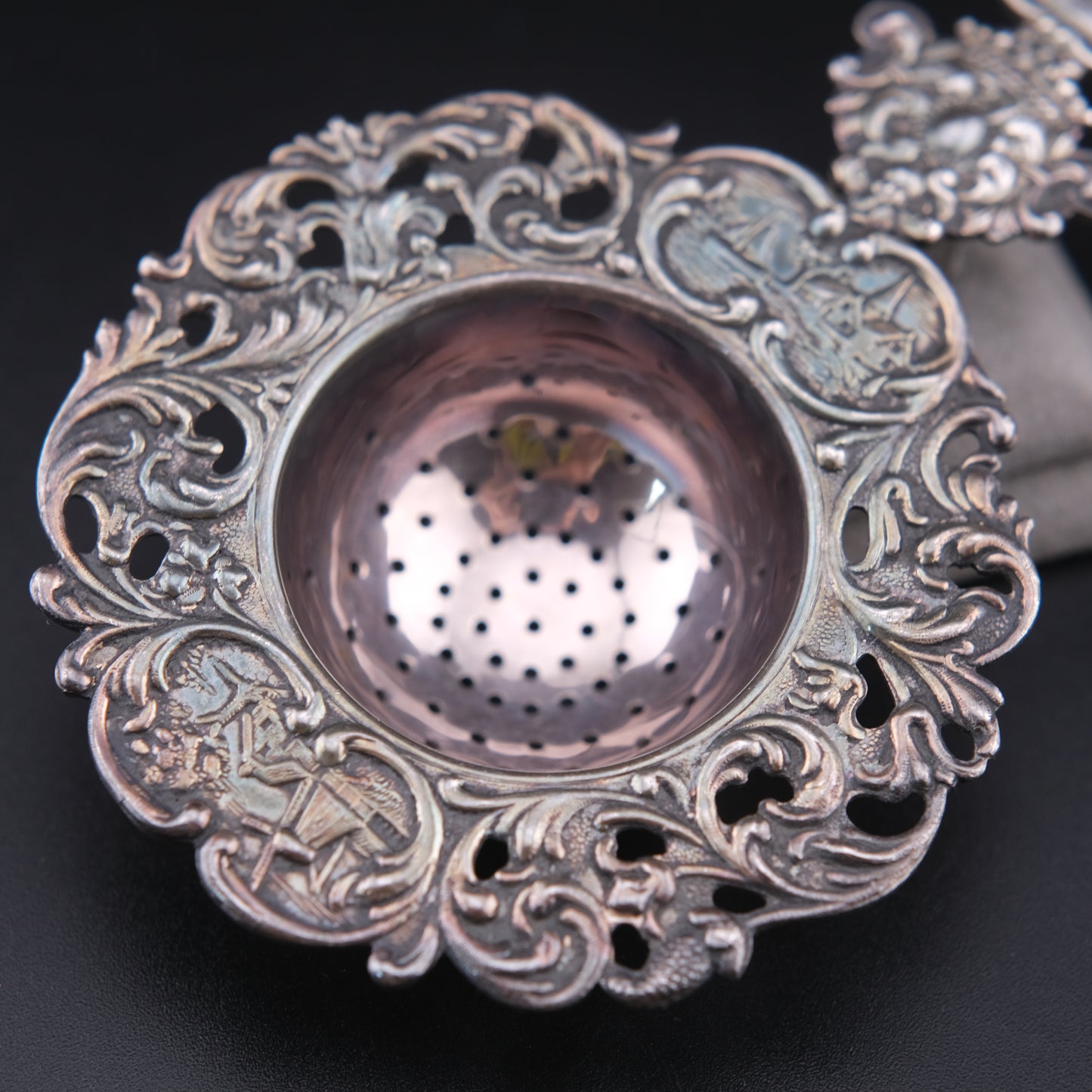 Vintage Dutch Rococo Silver-Plated Tea Strainer with Ship Motif Handle