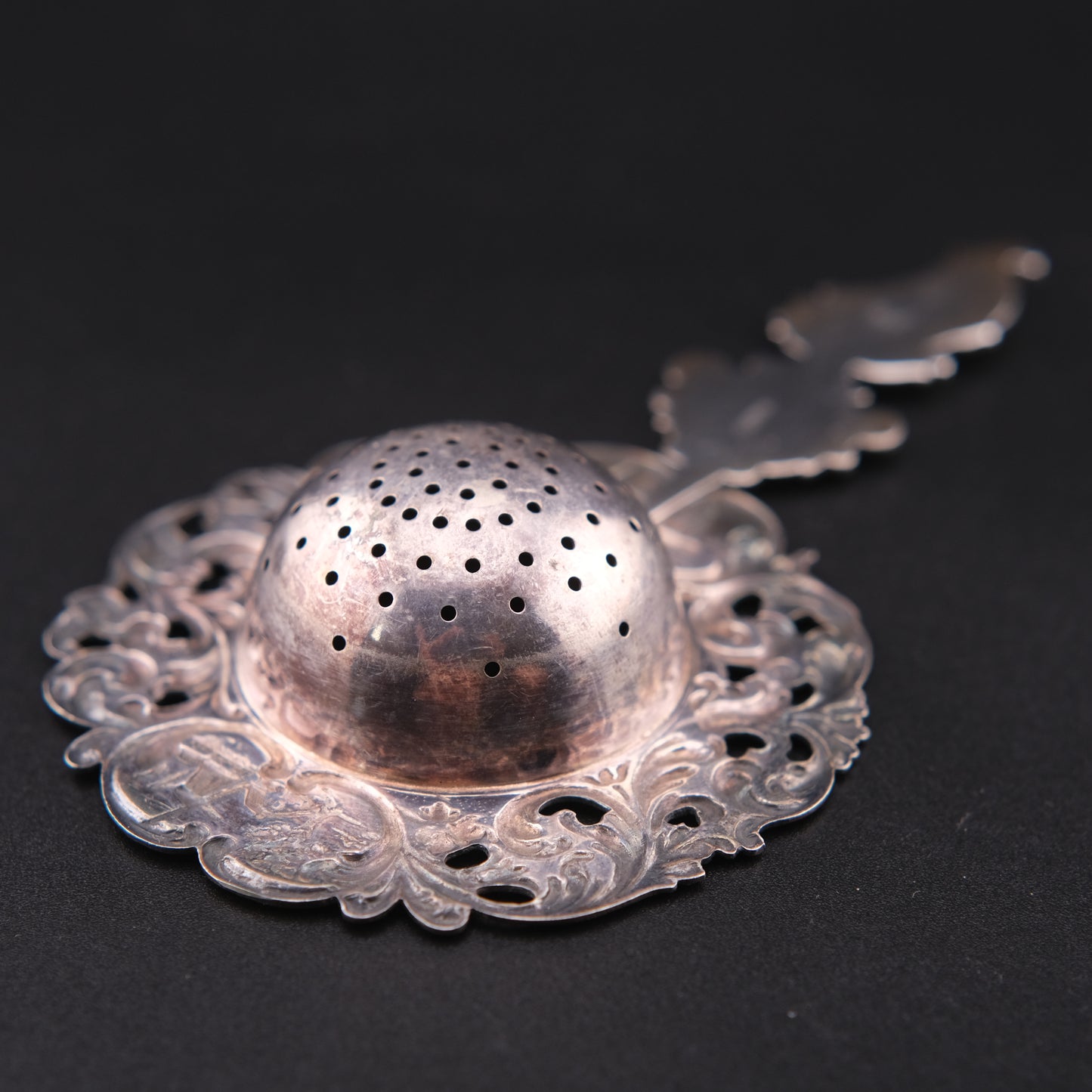 Vintage Dutch Rococo Silver-Plated Tea Strainer with Ship Motif Handle