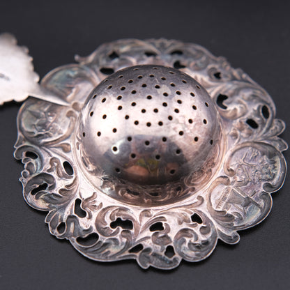 Vintage Dutch Rococo Silver-Plated Tea Strainer with Ship Motif Handle