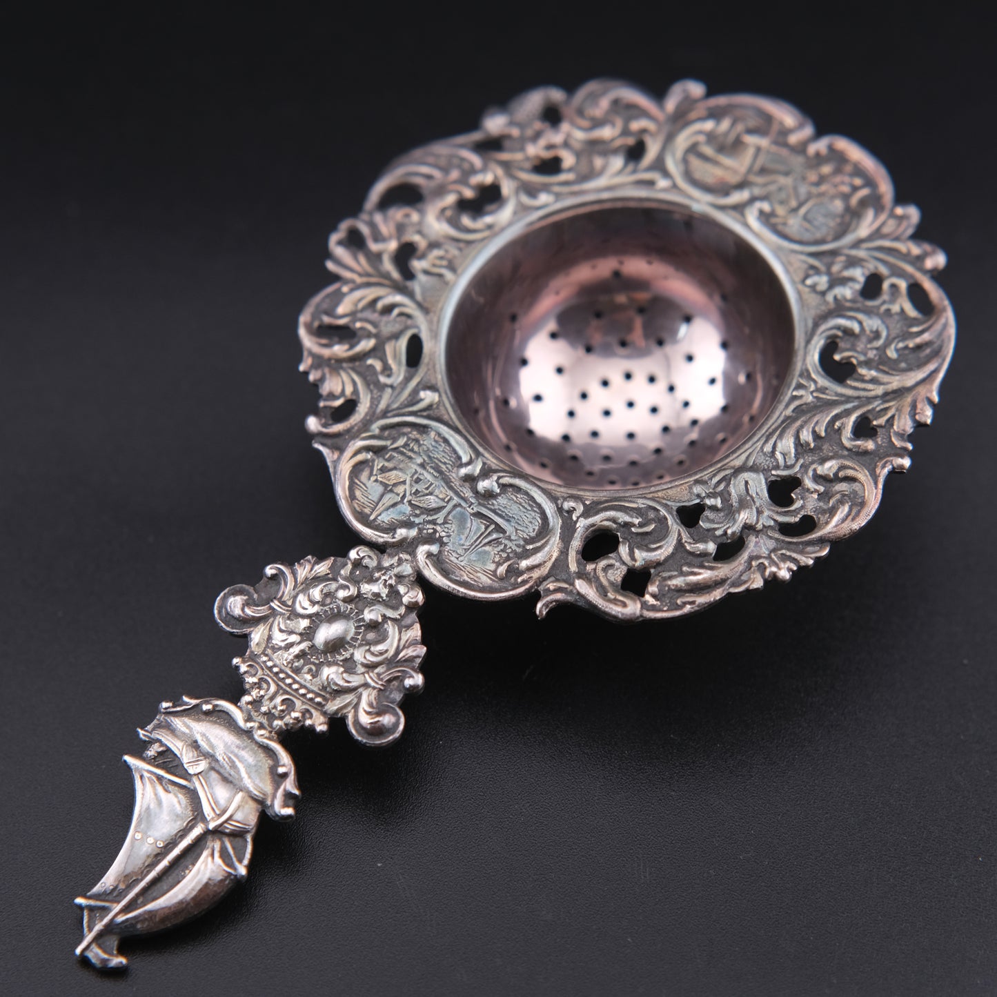 Vintage Dutch Rococo Silver-Plated Tea Strainer with Ship Motif Handle