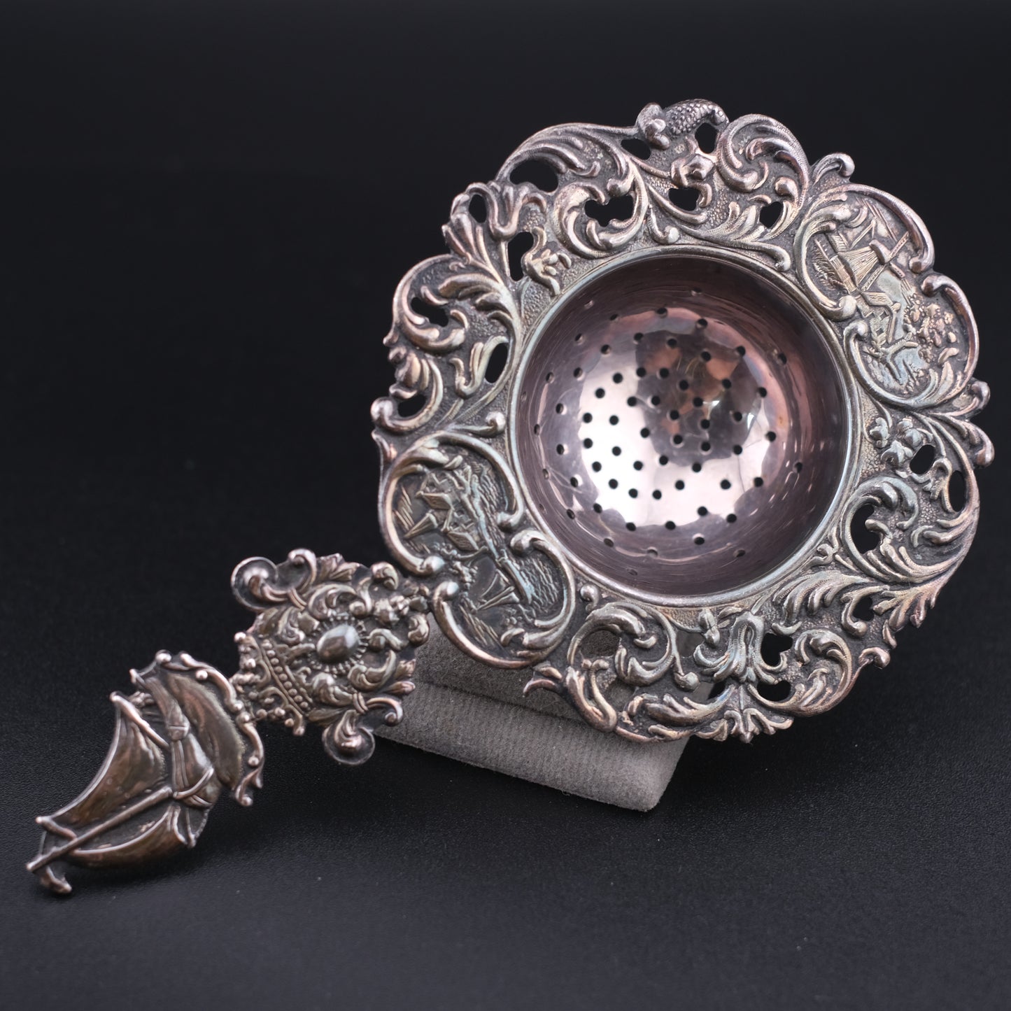 Vintage Dutch Rococo Silver-Plated Tea Strainer with Ship Motif Handle