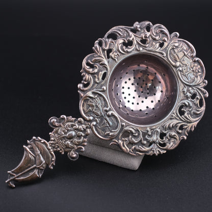 Vintage Dutch Rococo Silver-Plated Tea Strainer with Ship Motif Handle