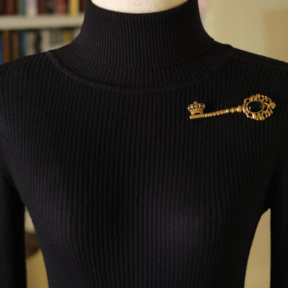 Vintage Gold-Tone Key Brooch with Black Cabochon and Crown Detail