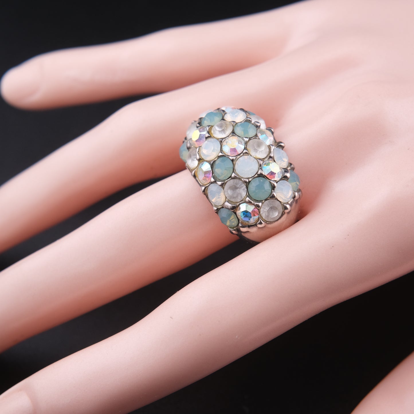 ❤️ Vintage Agatha Paris Crystal Pavé Dome Ring Blue White Rhinestones Size 7 Statement Cocktail Ring