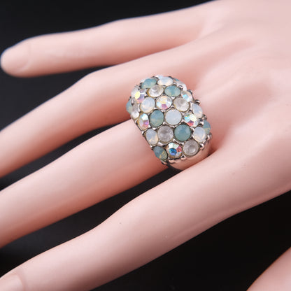 ❤️ Vintage Agatha Paris Crystal Pavé Dome Ring Blue White Rhinestones Size 7 Statement Cocktail Ring