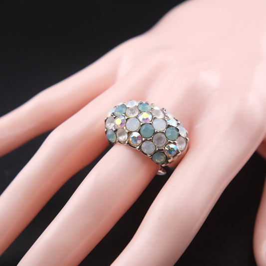 ❤️ Vintage Agatha Paris Crystal Pavé Dome Ring Blue White Rhinestones Size 7 Statement Cocktail Ring