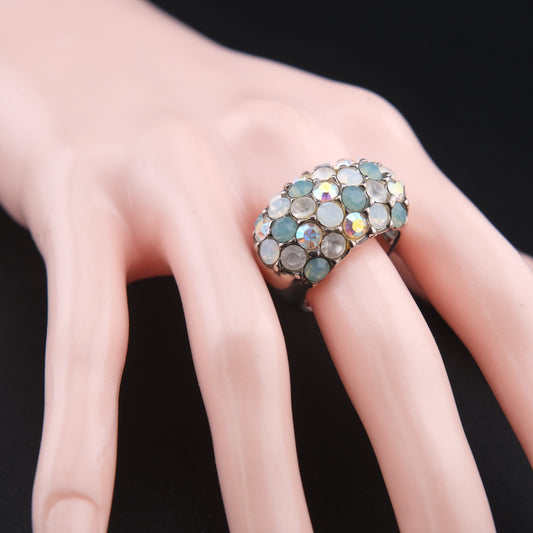 ❤️ Vintage Agatha Paris Crystal Pavé Dome Ring Blue White Rhinestones Size 7 Statement Cocktail Ring