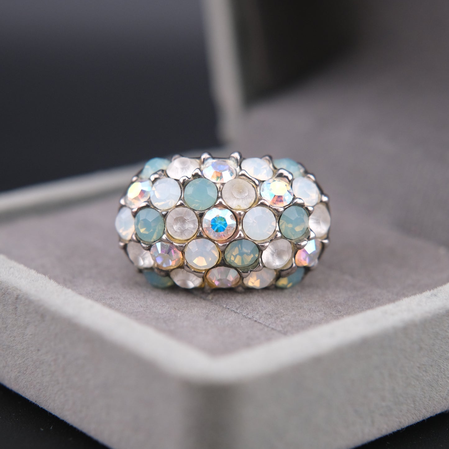 ❤️ Vintage Agatha Paris Crystal Pavé Dome Ring Blue White Rhinestones Size 7 Statement Cocktail Ring