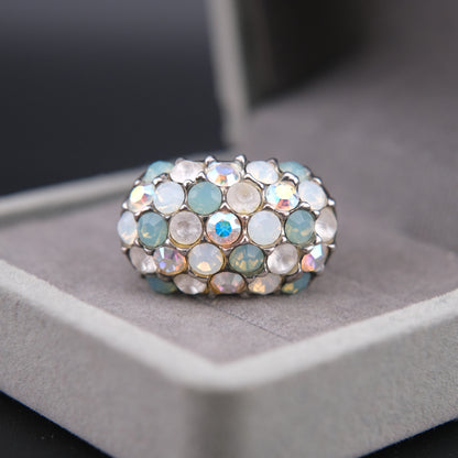 ❤️ Vintage Agatha Paris Crystal Pavé Dome Ring Blue White Rhinestones Size 7 Statement Cocktail Ring