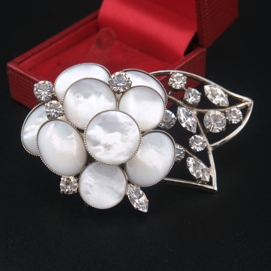 Vintage Signed Philippe Ferrandis Camellia Brooch – Mother of Pearl & Crystal Floral Statement