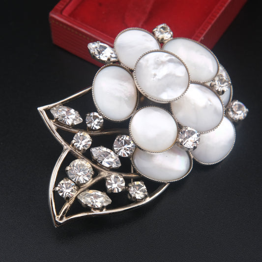Vintage Signed Philippe Ferrandis Camellia Brooch – Mother of Pearl & Crystal Floral Statement