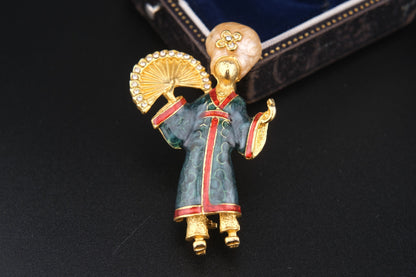 Graceful Fan Dancer Brooch – Unsigned CINER Style – Enamel & Rhinestone Figural Pin