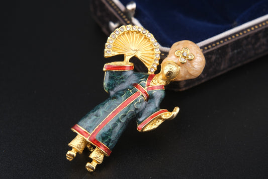 Graceful Fan Dancer Brooch – Unsigned CINER Style – Enamel & Rhinestone Figural Pin
