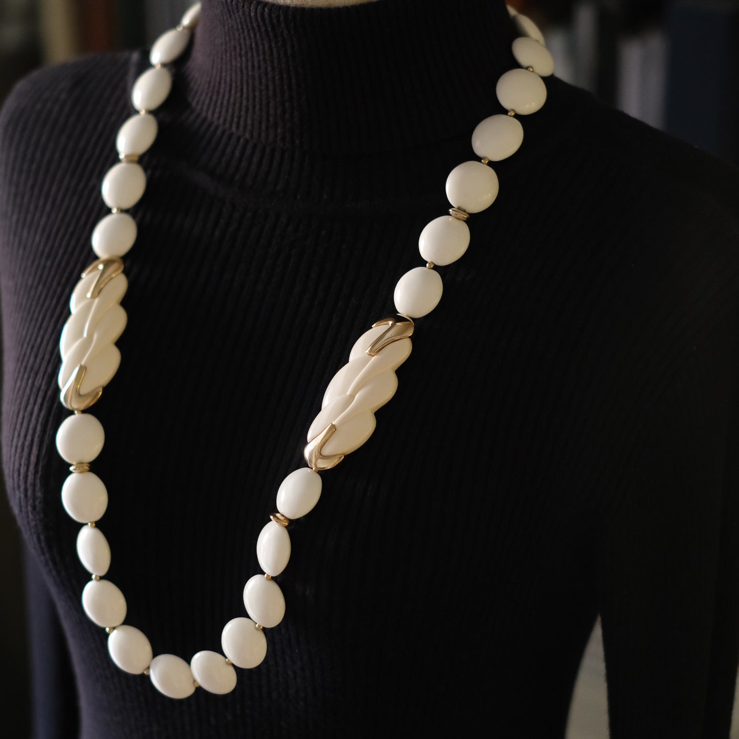 Vintage Trifari White Lucite Station Necklace with Sculptural Gold-Tone Accents