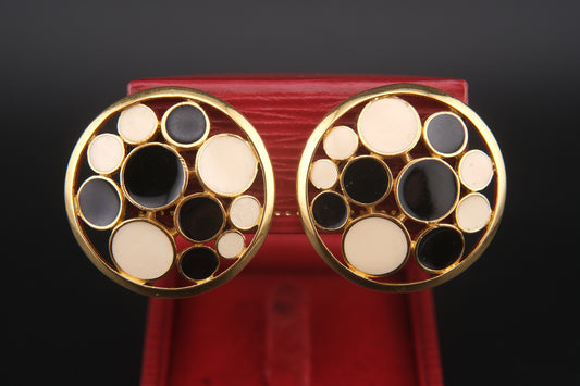 Rare 1967 Crown Trifari Clip-On Earrings – Black & Ivory Enamel Circles in Gold-Tone, Confetti Collection