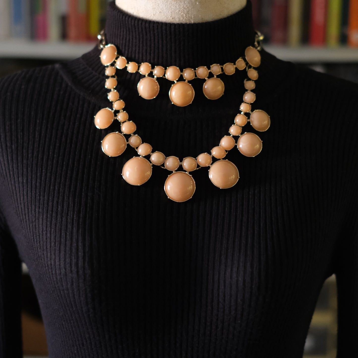 Vintage Talbots Double Strand Bib Necklace Peach Cabochon Gold Tone Statement