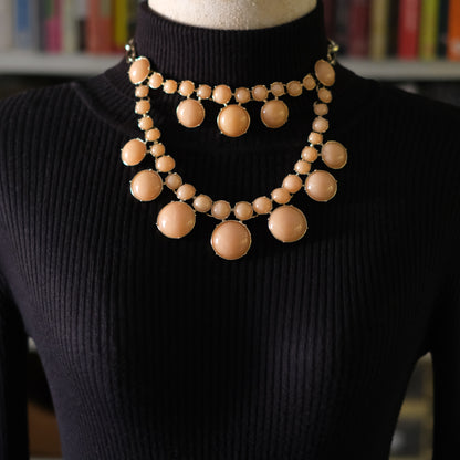 Vintage Talbots Double Strand Bib Necklace Peach Cabochon Gold Tone Statement
