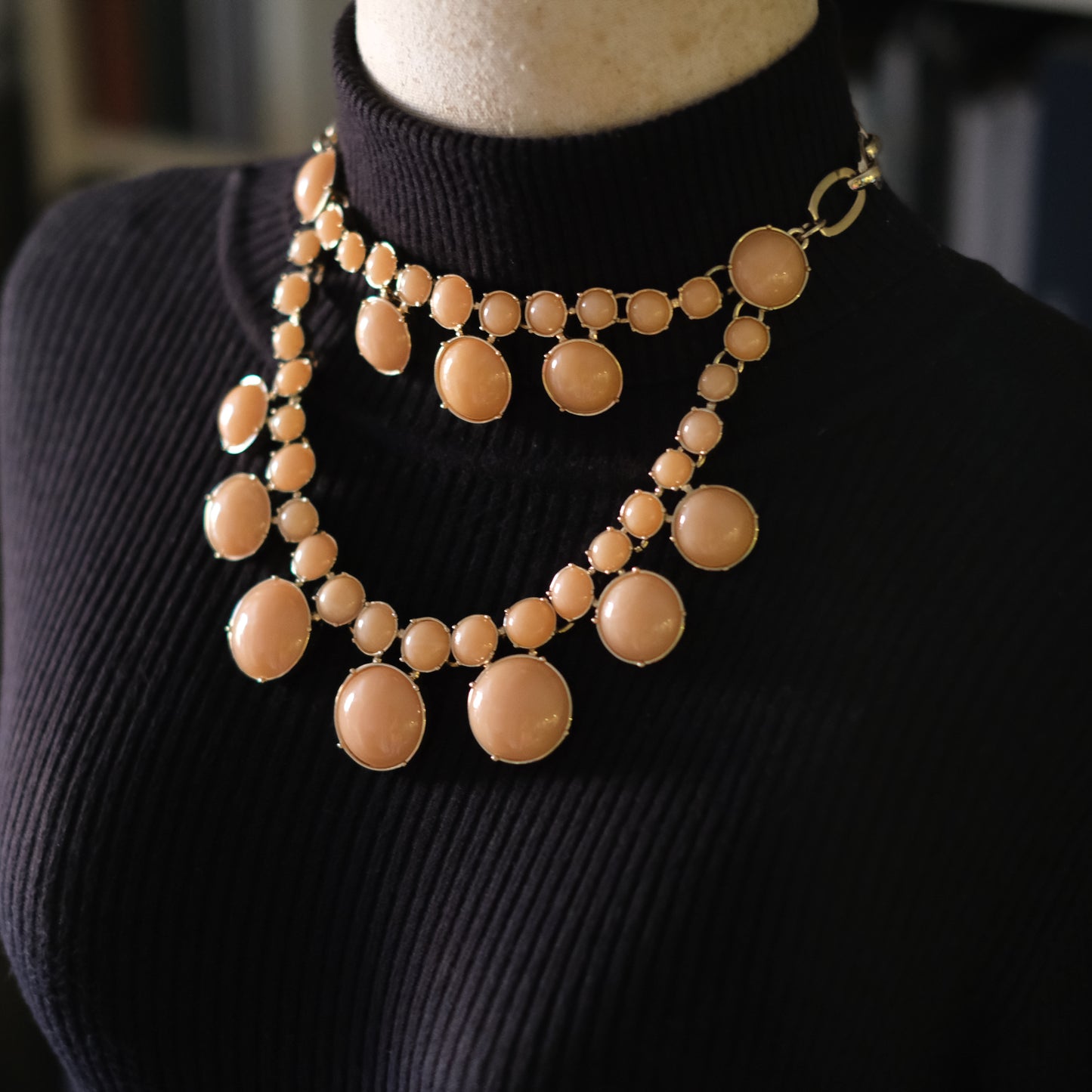 Vintage Talbots Double Strand Bib Necklace Peach Cabochon Gold Tone Statement