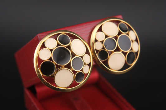 Rare 1967 Crown Trifari Clip-On Earrings – Black & Ivory Enamel Circles in Gold-Tone, Confetti Collection