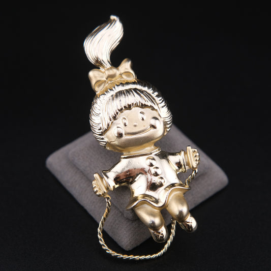 Vintage AJC Girl Skipping Rope Brooch – Gold Tone Moving Chain Figural Pin