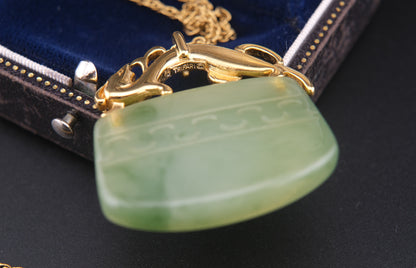 Vintage Crown Trifari Simulated Jade Pendant Necklace with Mythical Beast Design