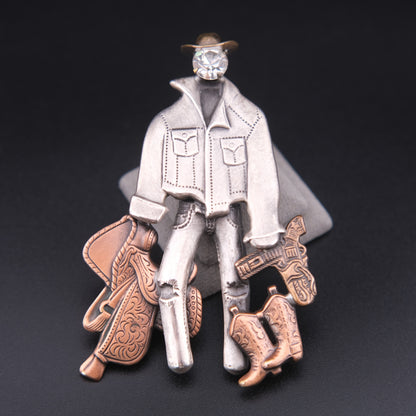 Vintage Cowboy Figural Brooch – Gun & Boots Western Motif with Rhinestone Face, Oxidized Silver & Copper Tone