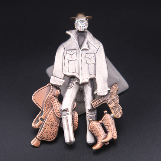 Vintage Cowboy Figural Brooch – Gun & Boots Western Motif with Rhinestone Face, Oxidized Silver & Copper Tone