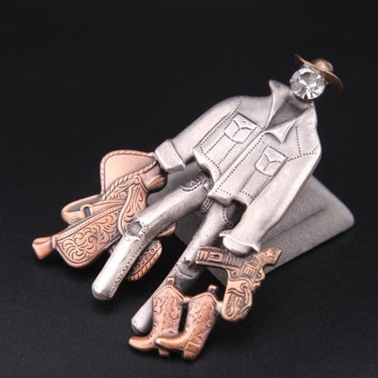 Vintage Cowboy Figural Brooch – Gun & Boots Western Motif with Rhinestone Face, Oxidized Silver & Copper Tone