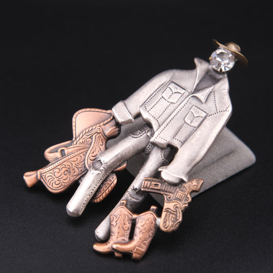 Vintage Cowboy Figural Brooch – Gun & Boots Western Motif with Rhinestone Face, Oxidized Silver & Copper Tone