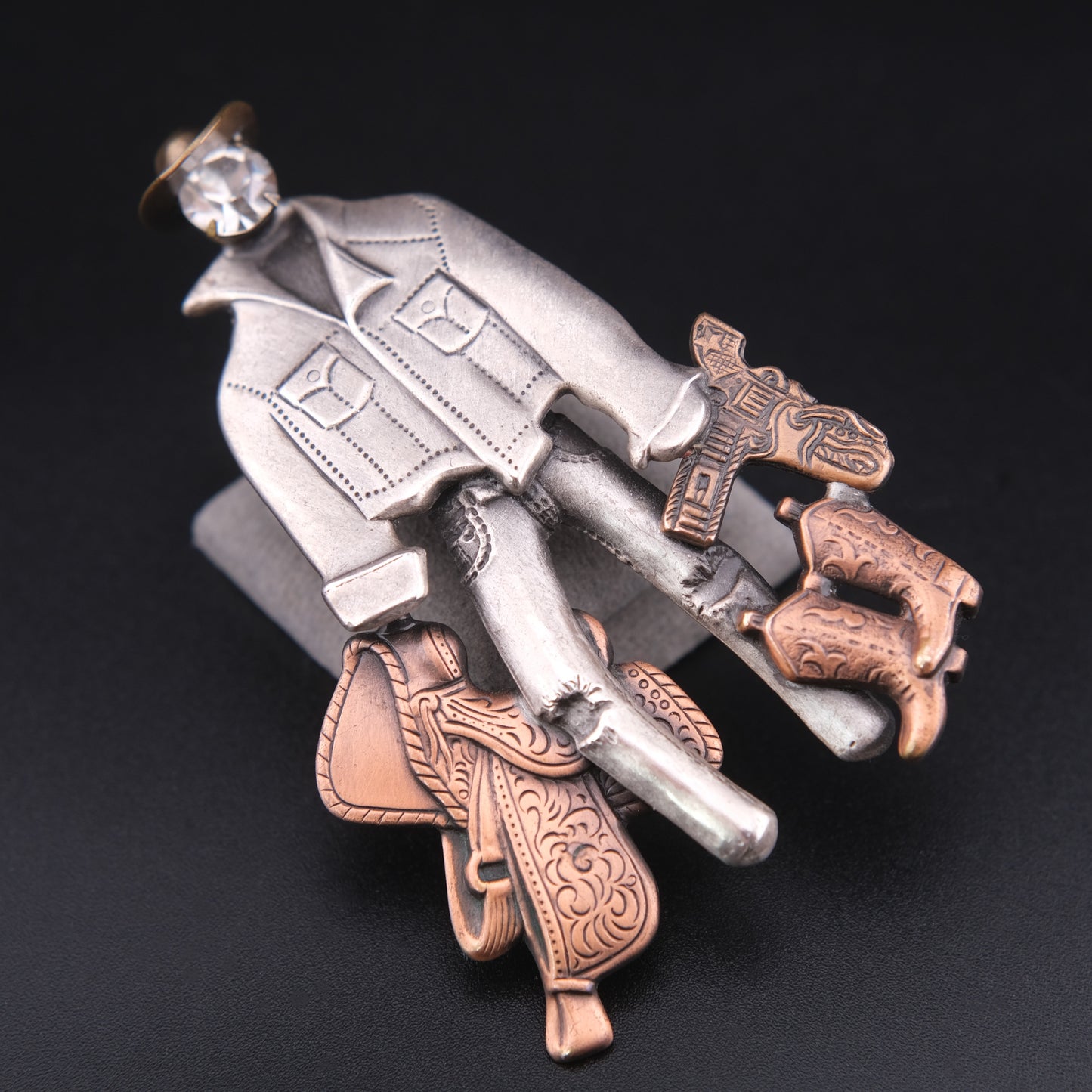 Vintage Cowboy Figural Brooch – Gun & Boots Western Motif with Rhinestone Face, Oxidized Silver & Copper Tone