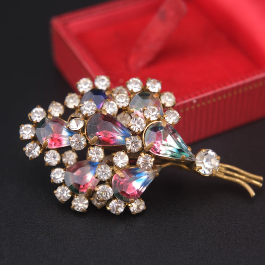 Vintage Color-Shift Rhinestone Floral Bouquet Brooch – Multicolor Crystal & Gold-Tone Setting – 2.25"