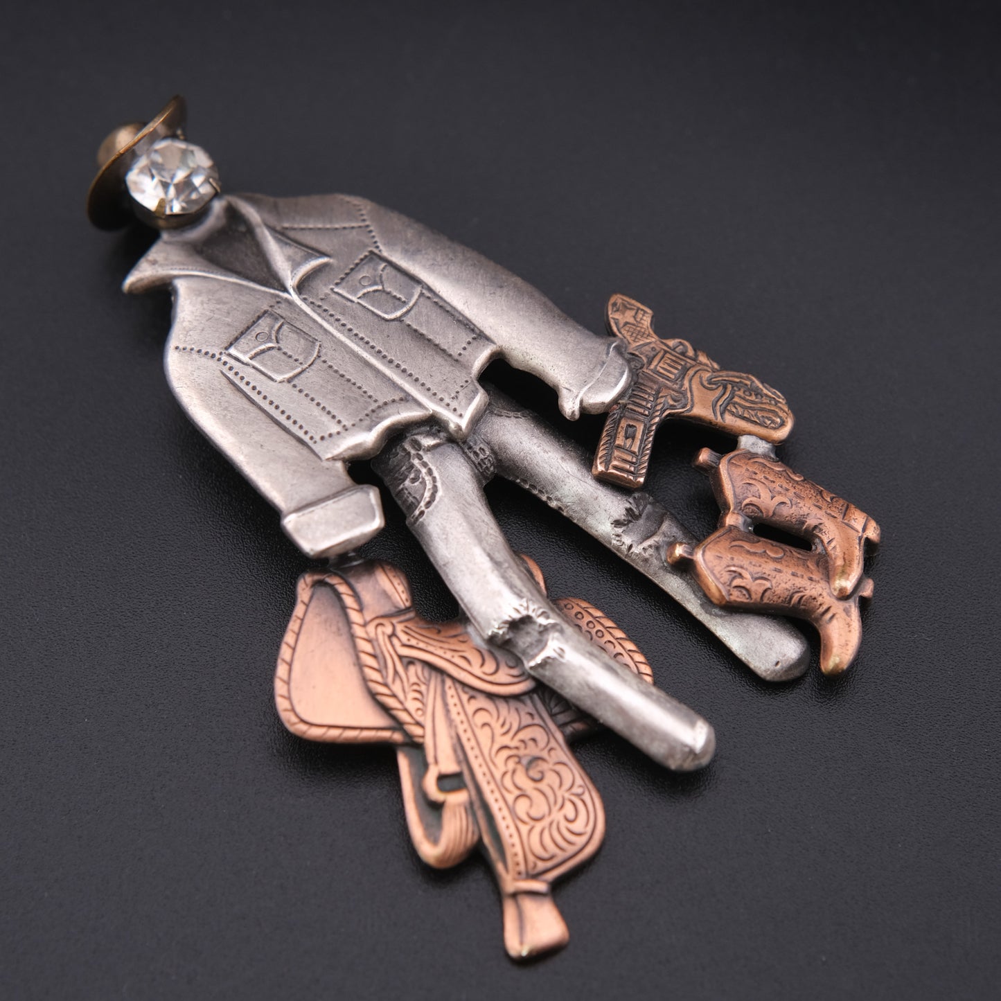 Vintage Cowboy Figural Brooch – Gun & Boots Western Motif with Rhinestone Face, Oxidized Silver & Copper Tone