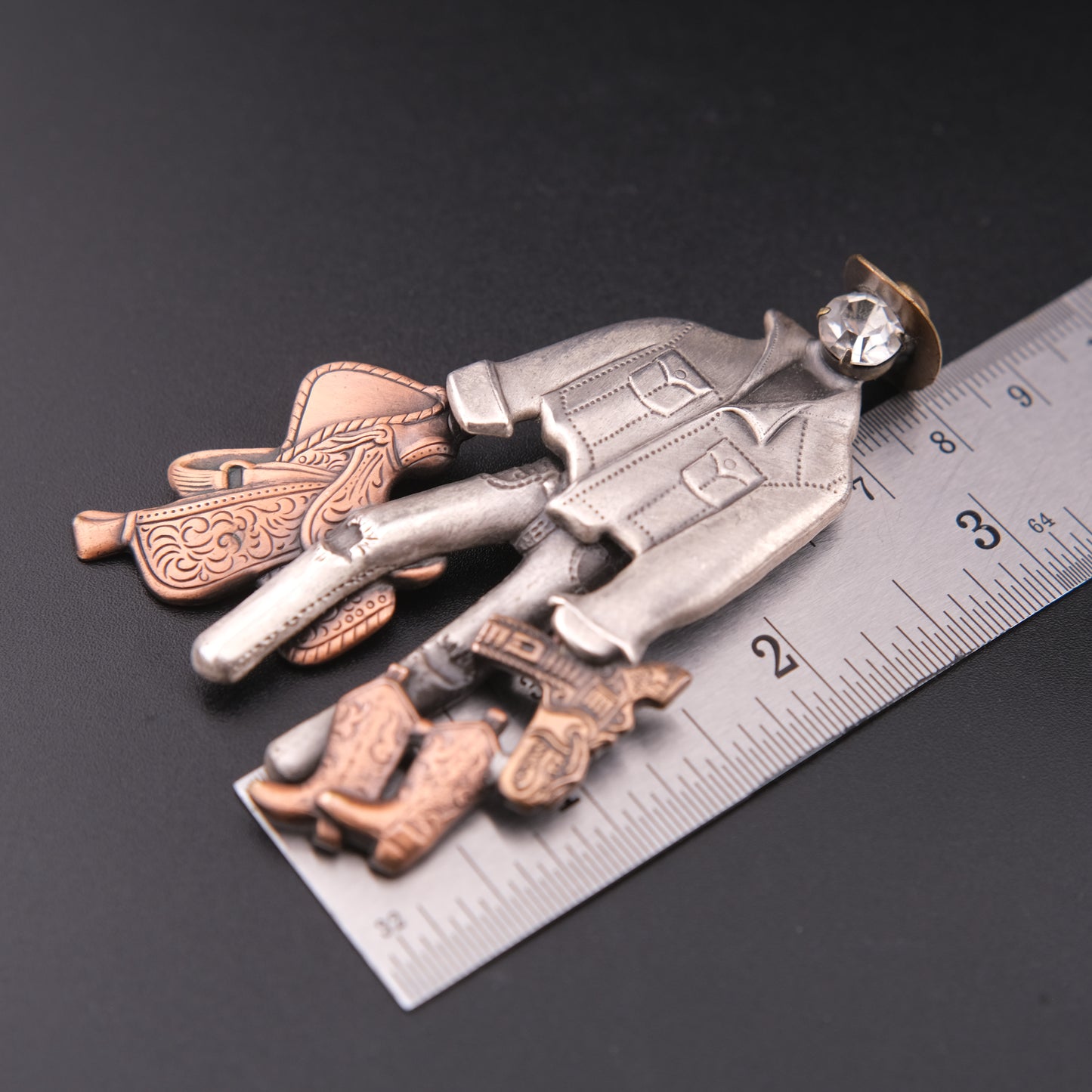 Vintage Cowboy Figural Brooch – Gun & Boots Western Motif with Rhinestone Face, Oxidized Silver & Copper Tone