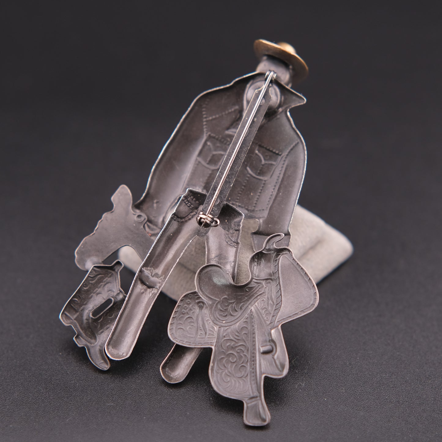 Vintage Cowboy Figural Brooch – Gun & Boots Western Motif with Rhinestone Face, Oxidized Silver & Copper Tone