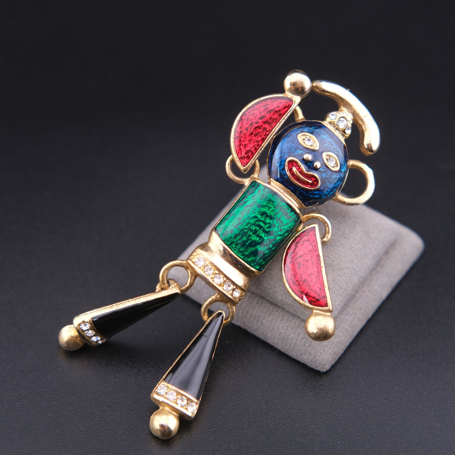 Vintage Articulated Clown Brooch / Pendant – Gold Tone Enamel Rhinestone Movable Figure (Convertible Jewelry)
