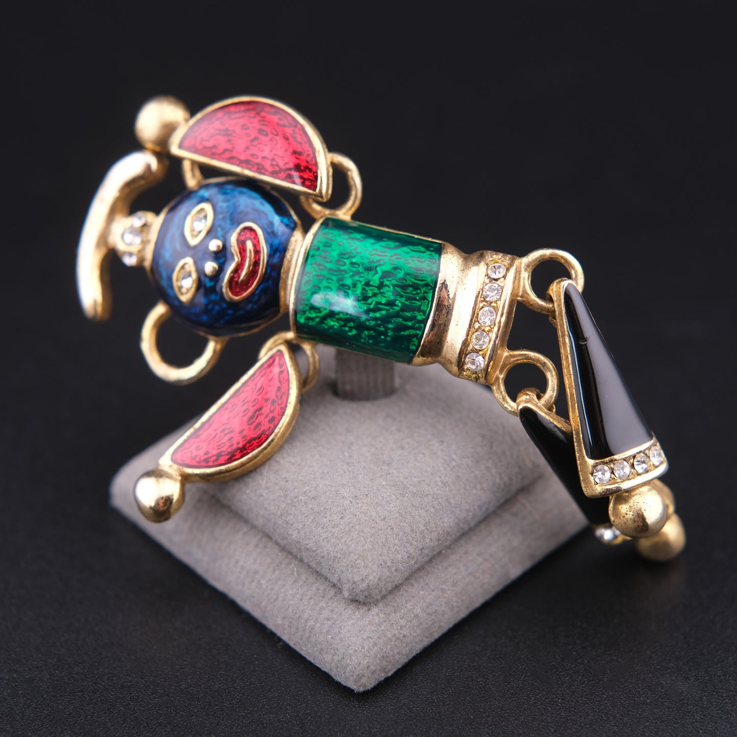 Vintage Articulated Clown Brooch / Pendant – Gold Tone Enamel Rhinestone Movable Figure (Convertible Jewelry)