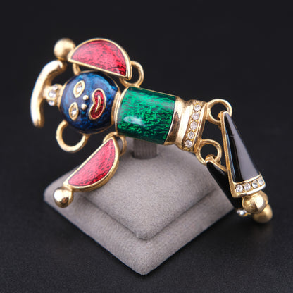 Vintage Articulated Clown Brooch / Pendant – Gold Tone Enamel Rhinestone Movable Figure (Convertible Jewelry)