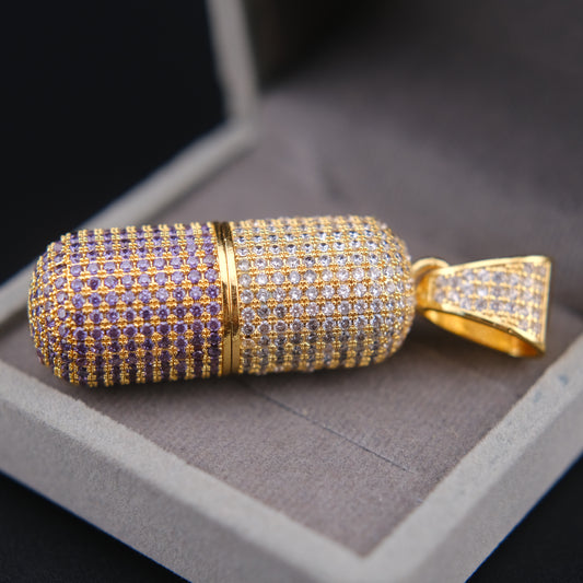❤️ Vintage Gold Tone Pavé Crystal Capsule Pendant Secret Pill Holder Purple Stones
