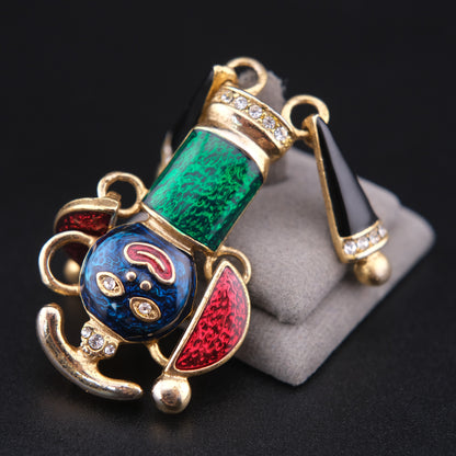 Vintage Articulated Clown Brooch / Pendant – Gold Tone Enamel Rhinestone Movable Figure (Convertible Jewelry)